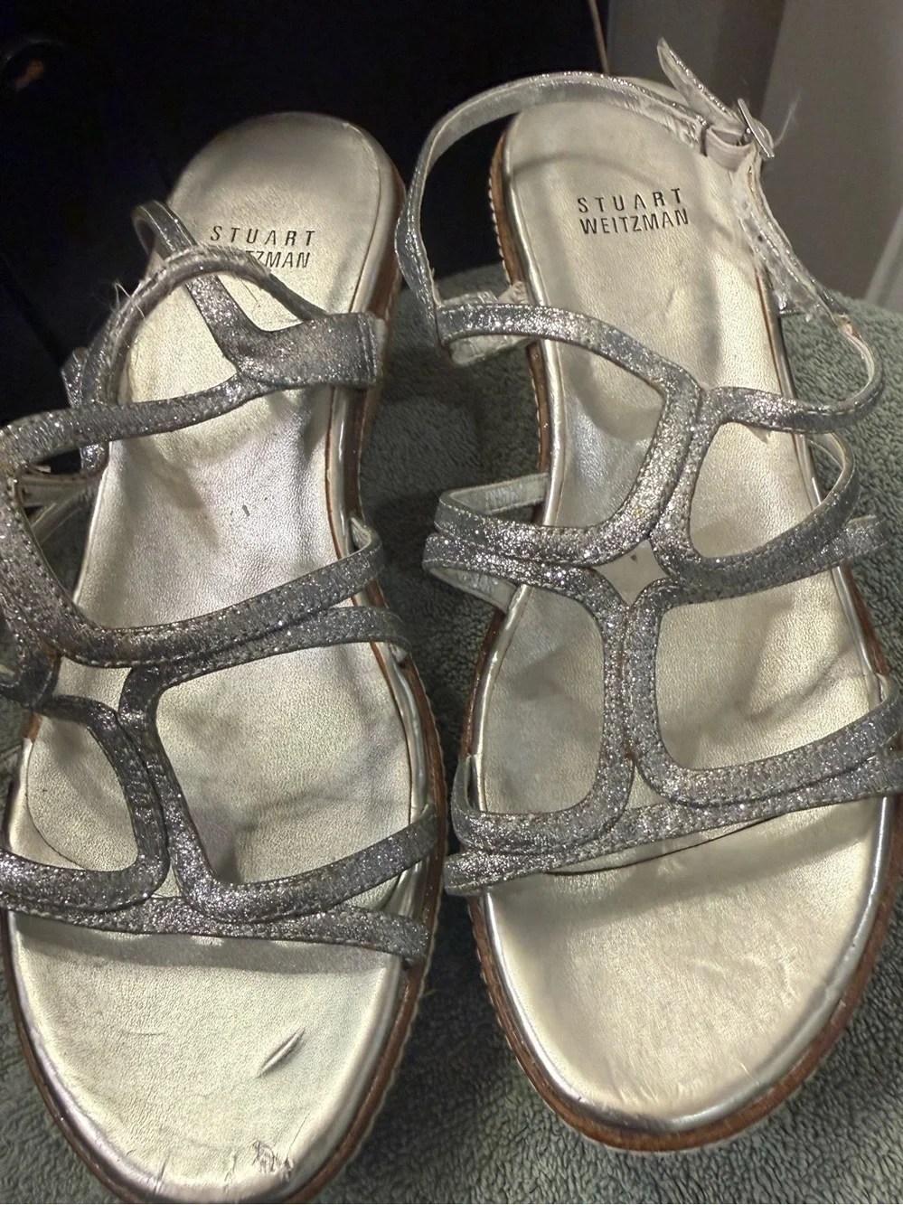 Stuart Weitzman Silver Glitter Espadrille Wedge Sandals Size 8M